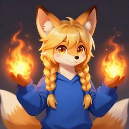 furaffinity furry art of an anthro fennec fox character with long braided blond hair and holding fireballs and wearing a blue sweatshirt, digital painting, detailed, cute, big intelligent eyes