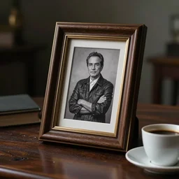 a picture frame is on the desk, a cup of coffee, hyper realistic style, intricate details, dramatic cinematic lighting by john frederick peto and lengjun