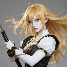renaissance art elf girl with white skin, katana in hand, golden hair blowing the wind, trending artistic art, soft anime, dynamic photography, photorealistic, fate zero, realistic face, extremely high detailed, bokeh color background, studio ghibly makoto shinkai yuji yamaguchi, wlop