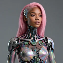 portrait of a beautiful caribbean woman with pink hair as a cyberpunk cyborg half robot, revealing wires and electronics, circuit boards, wire management, sci - fi, missing panels, intricate abstract upper body intricate artwork, concept art, octane render, deviantart, cinematic, key art, hyperrealism, iridescent accents, portrait photograph, nikon 3 5 mm, photograph by greg rutkowski