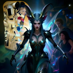 epic portrait of menacing and anxious yet stunningly beautiful biomechanical djinn overseeing the iridescent fabric of the universe, by charlie bowater, mandy jurgens, gustav klimt, octane render, dramatic camera angle, 4k, 8k, high detail, HDR, by tom bagshaw, powerful, with inspiration from Beksinski, inspired by greek goddess Athena