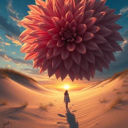 closeup giant dahlia flower under head, a girl walking between dunes, surreal photography, sunrise, blue sky, dramatic light, impressionist painting, digital painting, artstation, simon stalenhag