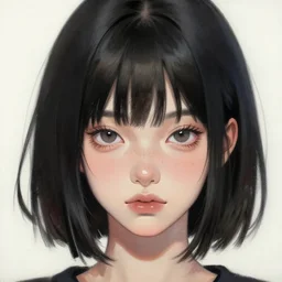 A close-up portrait of a beautiful anime girl, shoulder length straight black hair with bob cut, dark eyes, freckles, concept art, oil on canvas, Huke, wlop, krenz cushart, trending on artstation