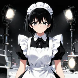 brutal high - contrast illustration of anime maid standing inside a tundra of industrial lights, beautiful upper body shot, pretty face and eyes by davinci, pixiv contest winner