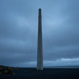 a concrete tower with several cables coming from the top of it and going out of frame, the tower stands in a icelandic beach, cloudy day, blue hour, by filip hodas, by simon stalenhag, cinematic, dramatic light concept art, matte painting, trending on artstation, dystopia, cyberpunk