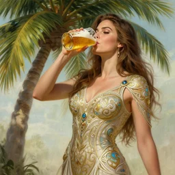 kate upton drinking beer under a palm tree, d & d, fantasy, intricate, elegant, highly detailed, digital painting, artstation, concept art, matte, sharp focus, illustration, hearthstone, art by artgerm and greg rutkowski and alphonse mucha