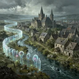 a downtrodden medieval town by a river in a swamp surrounded by a magical translucent barrier barrier barrier barrier, 4k, by Greg Rutkowski, fantasy, mix of celtic and Rus architecture, magic bubble barrier, cinematic