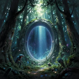 intergalactic stargate portal in the middle of a dense forest, with light shining through the trees and strange creatures lurking in the shadows by hiroshi nagai and jeffrey catherine jones, style of chrome