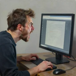 an angry man yells at his computer monitor, oil on canvas, highly detailed, high resolution