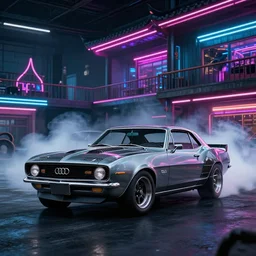 audi camaro b 1 ( 1 9 6 9 ) drifting, need for speed : carbon, neon lines, japanese temple multistorey car park, ultra phonk, phonk music background, smoke behind wheels, noise, dark, establishing shot