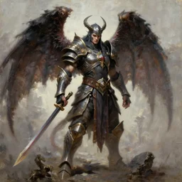 daemon paladin, chaos monk, winged badass, oil painting,