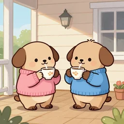 Mister and Missus Toad drinking tea on their porch while wearing cute sweaters. Cute illustration.