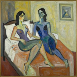 painting, abstract expressionism, couple on bed, art deco, by art frahm, vladimir volegov, pablo picasso, wassily kandinsky
