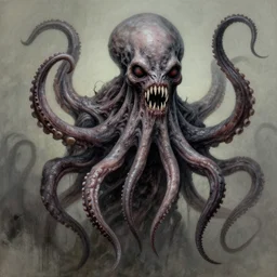 guy richie's horror version. an unnatural abomination with long teeth, many tentacles, and gray skin. grunge, horror, dmt, dark and muted colors, detailed airbrush art, by yves klein