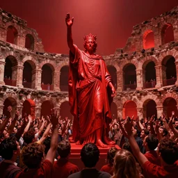 only with red, a red melted emperor, taormina amphitheatre, crowd hails him, in the style of beksinski, parts by edward hopper, parts by rodcenko, parts by yue minjun, intricate and epic composition, red by caravaggio, insanely quality, highly detailed, masterpiece, red light, artstation, 4 k