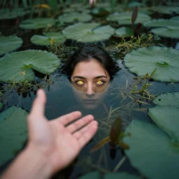 A face submerged in shallow water surrounded by lily pads and other vegetation. The eyes are glowing and there is a hand reaching out towards you