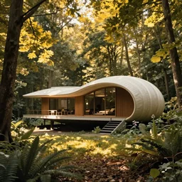 architecture ad for a mid-century modern house in the middle of the forrest, designed by Zaha Hadid. Shell. Film grain, cinematic, yellow hue