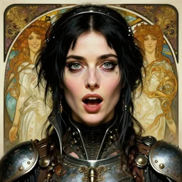 striking sensual gorgeous crustpunk art nouveau portrait of cristina ricci as an ironpunk heavy metal rebel soldier by travis charest, simon bisley and alphonse mucha, photorealism, extremely hyperdetailed, perfect symmetrical facial features, perfect anatomy, ornate declotage, excited expression, wild eyes