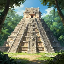 ancient maya temple in the jungle, establishing shot, epic composition, artstation, elegant, highly detailed, digital painting, concept art, smooth, sharp focus, illustration, art by don bluth and michel ocelot and makoto shinkai and tom whalen and atey ghailan and akihiko yoshida