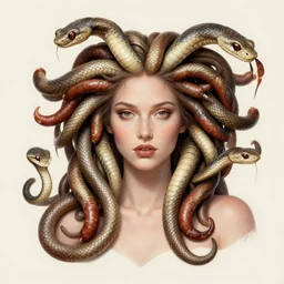portrait of medusa with long thin sausages instead of snakes, sausage hair, photorealistic, illustration, intricate details, masterpiece, digital art, trending on artstation