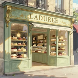 sweets and cake shop in paris inspired by laduree, natural lighting, wide angle, dreamy and soft colors, intricate details, matte painting, illustration, by hayao miyazaki