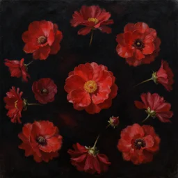 oil painting of many various red flowers painted on a black background, the flowers are floating, dark atmosphere, realistic flowers oil painting