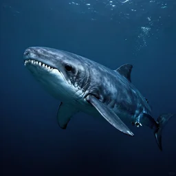 megalodon, dark lighting, thalassophobia, huge, real photo, 4 k