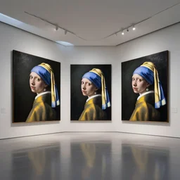 interior futuristic art gallery wide angle highly detailed by santiago calatrava, three wall hanging paintings famous pieces by vermeer!, captivating 8 k hdr, octane render godrays hyperrealism
