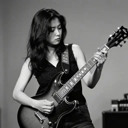 a black and white photograph of a female japanese artist playing a gibson sg, 1 9 7 0 s