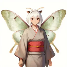A moth woman with white fur and antennae and humanoid face with large moth wings wearing a kimono, WLOP, digital drawing, trending on ArtStation
