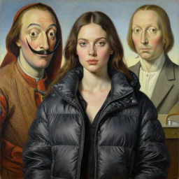 woman in puffer jacket by james jean and salvador dali and shusei nagaoka, oil on canvas, exquisitely intricate details, surrealism, neoclassicism, renaissance, hyper realistic, ultra detailed, cell shaded, 8 k