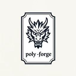 high quality simplified rectangular logo of a decorative medieval blacksmith forge shaped like a dragon head looking at viewer, for a company called poly - forge, symmetrical!!!, award winning, art deco!!!!!!