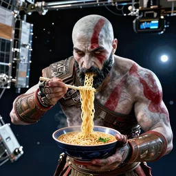 cinematic screenshot of kratos from the god of war videogame eating ramen noodles in the international space station