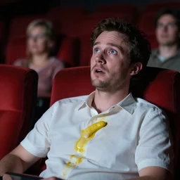 a man with beans spilt on his shirt while watching a movie in a theatre, award winning candid photography