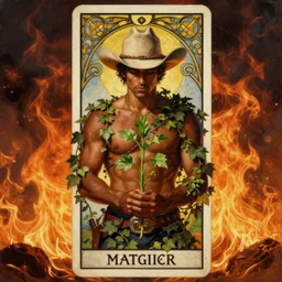 a beautiful dramatic epic ethereal symmetrical painting of a handsome cowboy holding a green plant in his hands | he is dark skinned and shirtless and wearing a cowboy hat and is draped in ivy | background is an epic flames fire conflagration | tarot card, art deco, art nouveau | by Mark Maggiori | trending on artstation