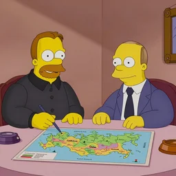 Joseph Stalin and Vladimir Putin sitting at a table eating russian map, still frame from The Simpsons