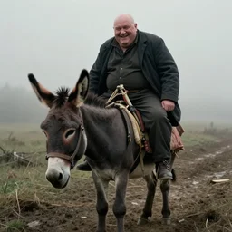 movie still by tarkovsky of an happy giant obese old bald man wear dark clothes on a donkey, technicolor, heavy grain, high quality, noir, natural textures, photorealistic, ambient occlusion, hd, mud, fog, ultra wide lens, anamorphic