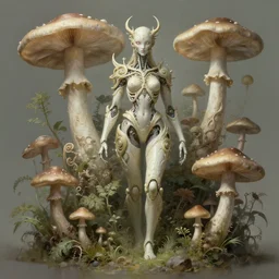 organic cyborg, mushrooms and plants, diffuse lighting, fantasy, intricate, elegant, highly detailed, lifelike, photorealistic, digital painting, artstation, illustration, concept art, smooth, sharp focus, art by john collier and albert aublet and krenz cushart and artem demura and james jane