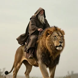 a hooded wise old man with a long white beard wearing a brown hooded tunic riding on top of a lion, the man riding is on the lion, the wise man is riding on top, he is all alone, majestic, epic digital art, cinematic, trending on artstation, superb detail 8 k, wide angle shot, masterpiece