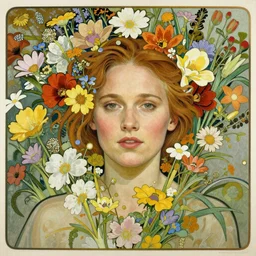 a head and shoulders portrait of alicia vikander surrounded by an explosion of wild flowers, by alphonse mucha, by gustave dore, by edgar maxence, by gustav klimt, by wes anderson, by edward hopper, by wayne barlowe, by james gilleard