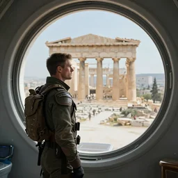 a futuristic sigma male soldier looking at ancient renaissance athens through a time travel spaceship high - tech luxury window, scifi, by wlop, peter mohrbacher, jakub rebelka, visually stunning, beautiful