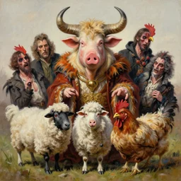 a hyper detailed painting of a anthropomorphic joaquin phoenix as the king of animals, cow horns, pig nose, sheep wool, chicken feathers, horror, by anna podedworna, by miklos ligeti, by diego maricato, by taran fiddler, by antonino truisi, by chris reddie, on artstation