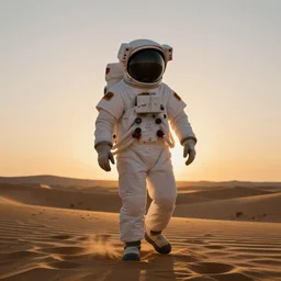 astronaut walking through the desert [ alone ] at sunset during golden hour
