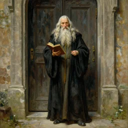 a beautiful painting of an old wizard holding a book and standing in front of an ancient door, by n.c. wyeth