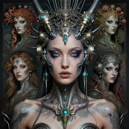 hyperrealistic detailed portrait of a beautiful goddess in a cyber headdress, intricate cyberpunk make - up, art by android jones, ernst haeckel, nekro borja, alphonso mucha, h. r. giger, gothic - cyberpunk,
