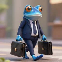 a blue frog wearing a business suit and holding a briefcase, he is going to work, photorealistic, digital art, trending on artstation, 8 k resolution, soft focus