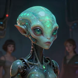 one singular portrait of a cute bioluminescent cyborg alien, pulp scifi, highly detailed, digital painting, moody cinematic lighting, hyperrealism, dark retrowave, art by stanley lau and artgerm and magali villeneuve and alphonse mucha, artstation, octane render, cgsociety