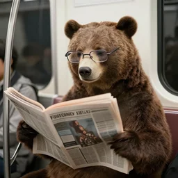 Bear wearing glasses reading a newspaper in the subway