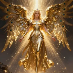 beautiful full body archangel Gabriel with peacock feathers, one body only, golden armor, shining light, gems, god rays by Karol Bak, Ayami Kojima, Amano