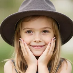 portrait of a smiling 2 5 - year - old french woman with 9 0 degree nails pretty face, perfect large eye, medium yellow blond hair, character with a hat, hair comes out of the hat a little